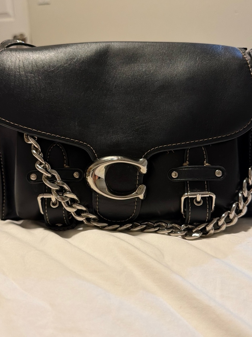 Coach Black Leather Shoulder Bag with Silver Chain and C Logo